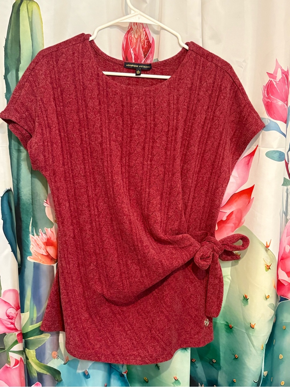 Adrienne Vittadini Women’s L Burgundy Solid Knit Short Sleeve Round Neck Top